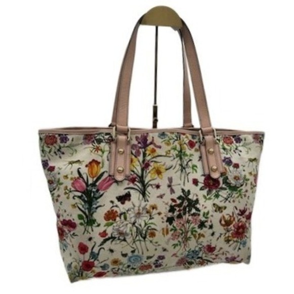 Gucci Women's Beige Pink Garden Print Tote Bag Leather Handles - Picture 3 of 10